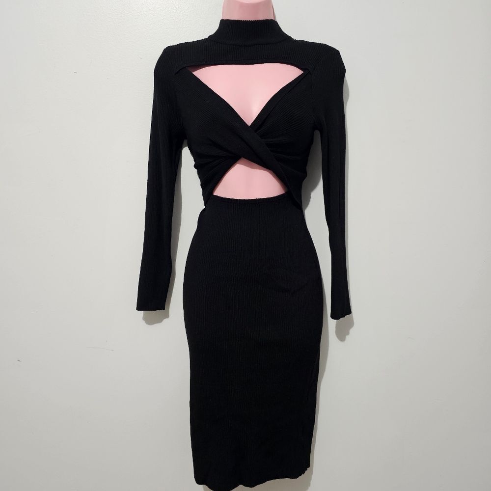 Almost Famous - Dress Bodycon Cutout Turtleneck Midi Knit - Size L - Black